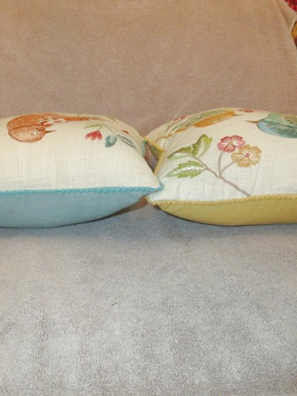 Embroidered Bird Family Throw Pillow Set Of 2 Floral Cottagecore Nature Boho EUC